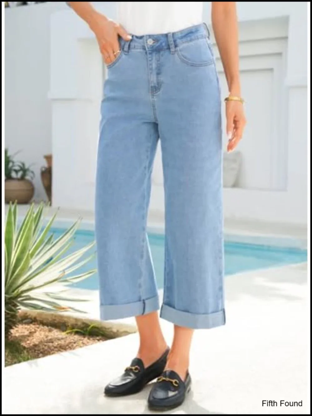 High Waisted Wide Leg Cropped Capri Jeans Rolled Hem Stretchy Denim Pants